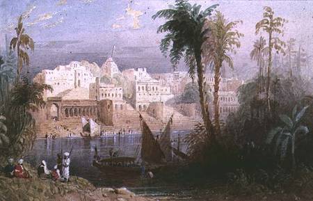 A View of an Indian city beside a river, with boats on the river and figures in the foreground od Thomas Allom