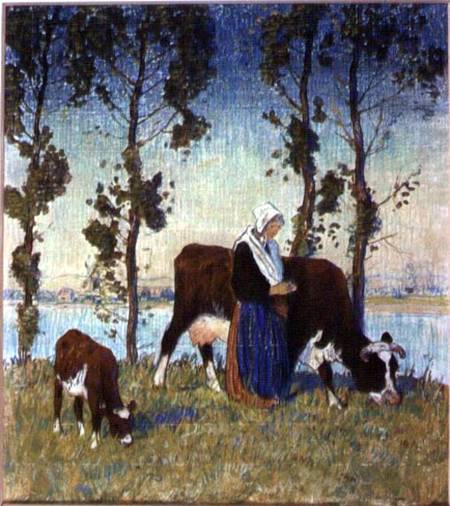 Woman with a Cow and Calf od Thomas Austen Brown