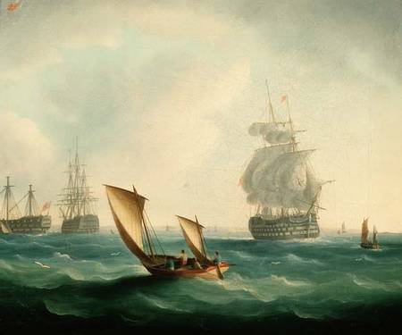 British Men-o'-war and a Hulk in a Swell, a Sailing Boat in the Foreground od Thomas Buttersworth