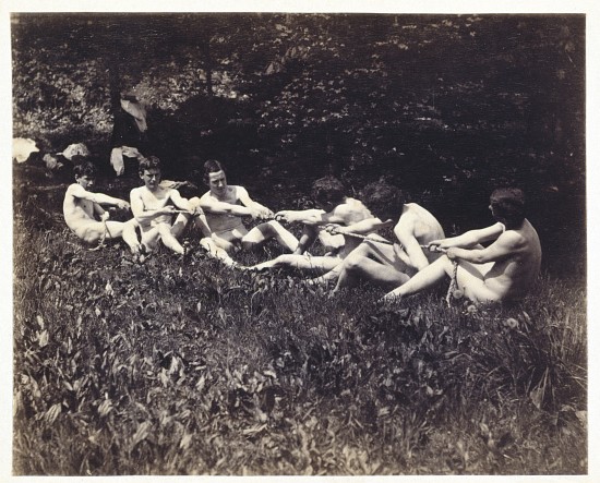 Males nudes in a seated tug-of-war od Thomas Eakins