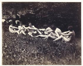 Males nudes in a seated tug-of-war