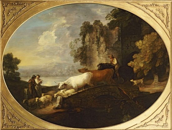 A River Landscape with Rustic Lovers, a Mounted Herdsman Driving Cattle and Sheep over a Bridge with od Thomas Gainsborough