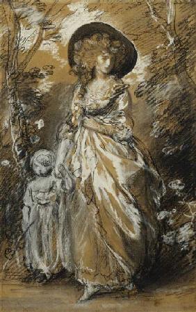 Eine Dame im Garten mit ihrem Kind an der Hand (möglicherweise eine Studie für The Richmond Water-Wa