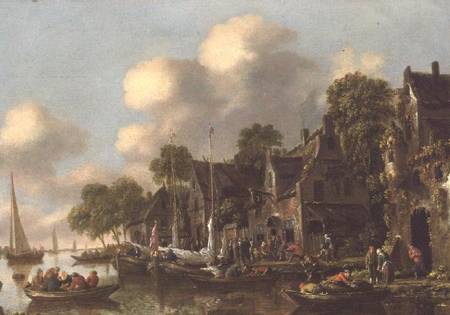 A river landscape with boats and figures by a tavern od Thomas Heeremans