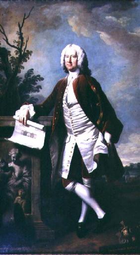 Portrait of Theodore Jacobsen, architect of the Foundling Hospital, shown holding a drawing of the W