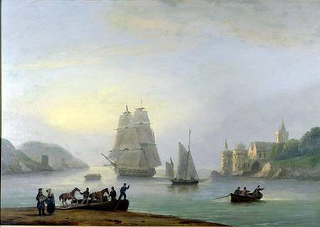 A Brig Entering Dartmouth Harbour, with a Ferry in the Foreground od Thomas Luny