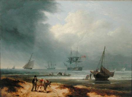 Shipping in a Windswept Bay with Men Working on the Shore od Thomas Luny