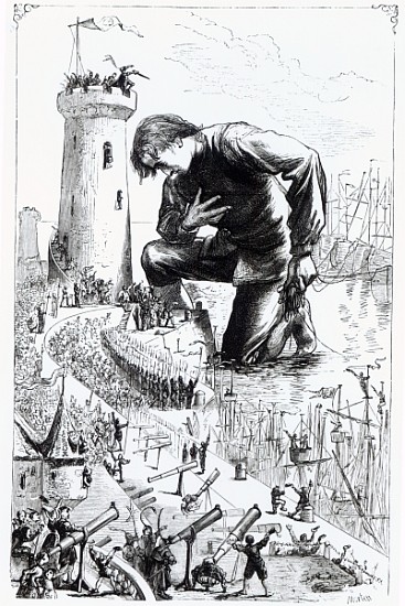 Gulliver kneels before the Lilliputians after stealing the Blefuscudian fleet, illustration from ''G od Thomas Morten