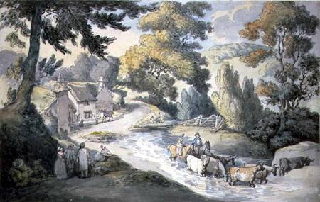 Landscape with Cattle Fording a Stream (w/c, pen & od Thomas Rowlandson