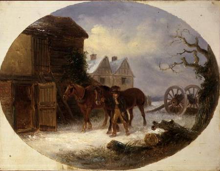 Boy leading horses to a barn in the snow od Thomas Smythe