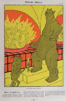The Devil Burning the Disbelievers, from Simplicissimus, 12th October 1925 (colour litho)