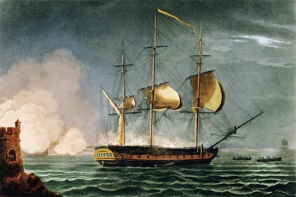 Cutting out of the Hermione from the Harbour of Porto Cavallo, October 25th 1799, from 'The Naval Ac od Thomas Whitcombe