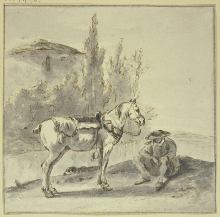 Ein Bauer sitzt bei seinem Pferde od Thomas Wijck