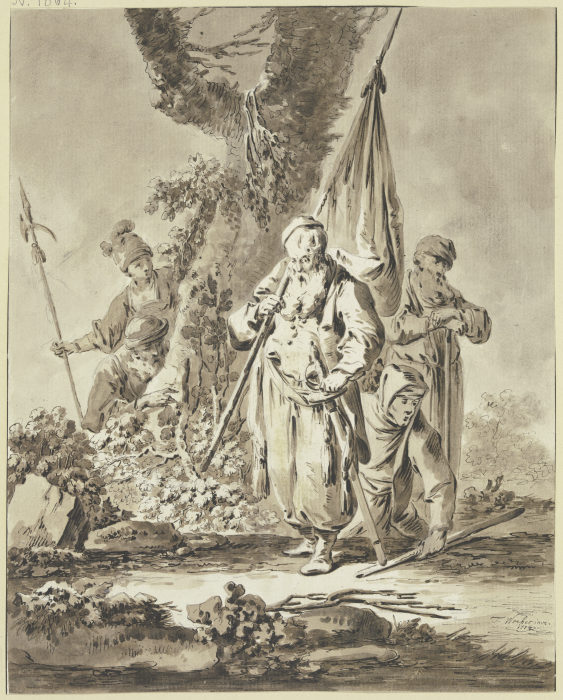 Ein alter Mann mit Fahne und Degen sowie zwei weitere Figuren, allesamt den Blick zu Boden gesenkt,  od Tiberius Dominikus Wocher