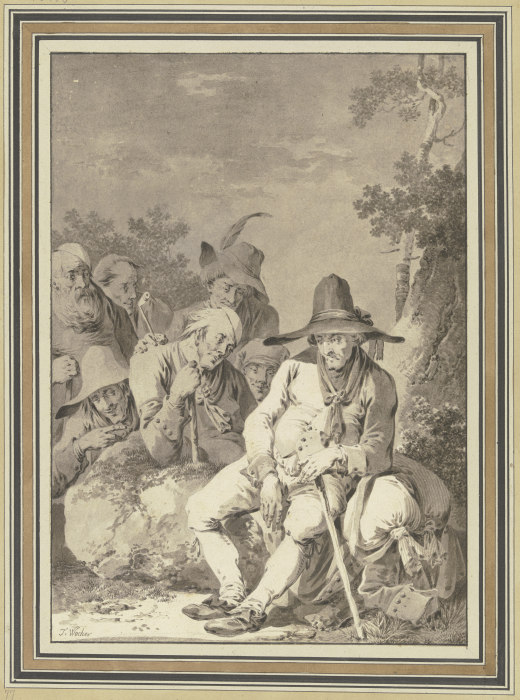 Sitzender Bauer mit großem Hut, bei seinem Gepäck rastend, und sechs Begleiter od Tiberius Dominikus Wocher