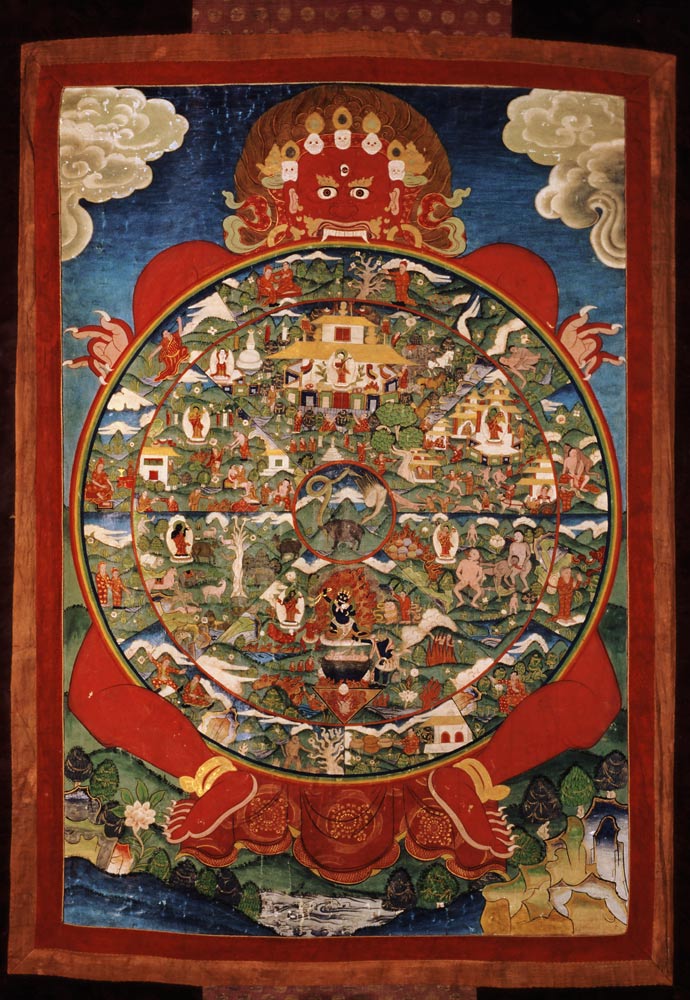 Thangka, depicting Wheel of Life turned by red Yama (Lord of Death) od Tibetan