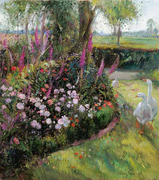 Rose Bed and Geese, 1992  od Timothy  Easton