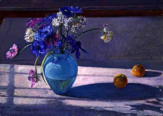 Anemones and a Blue Glass Vase, 1994 (oil on canvas)  od Timothy  Easton