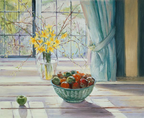 Fruit Bowl with Spring Flowers, 1990 (oil on canvas)  od Timothy  Easton
