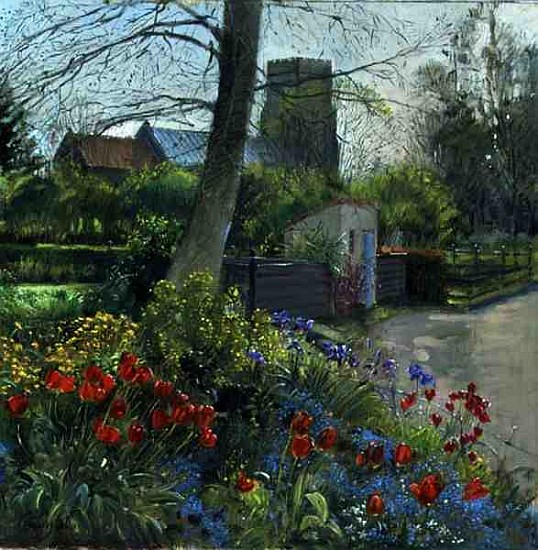 Red Tulips and Bedfield Church (oil on canvas)  od Timothy  Easton