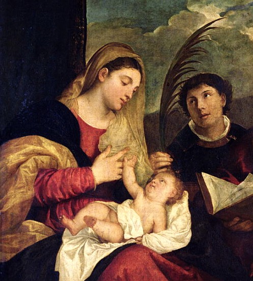 Madonna and Child with SS. Stephen, Jerome and Maurice (detail of 108505) od Tizian (ve skutečnosti Tiziano Vercellio)
