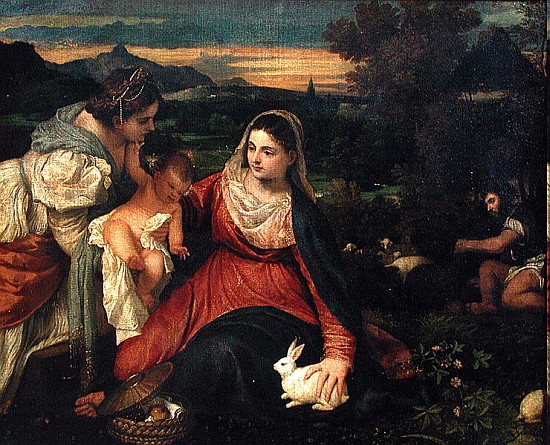 Madonna and Child with St. Catherine (The Virgin of the Rabbit) c. 1530 od Tizian (ve skutečnosti Tiziano Vercellio)