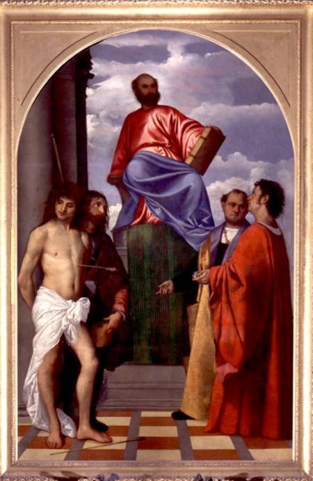 St. Mark with SS. Sebastian, Roch, Cosmas and Damian od Tizian (ve skutečnosti Tiziano Vercellio)