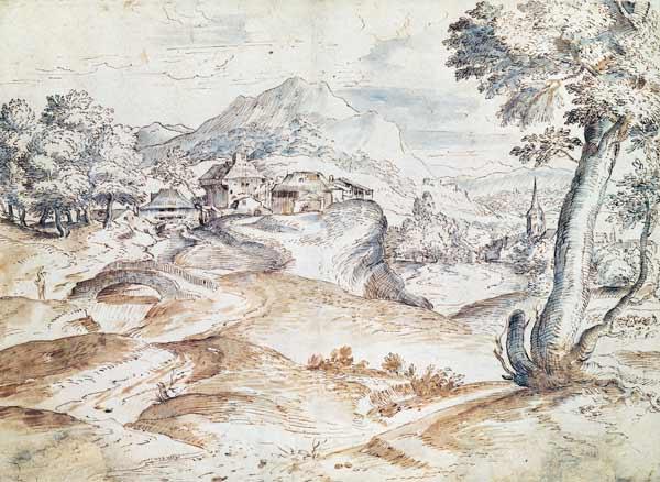 Wooded landscape with village and church (wash & ink on paper)