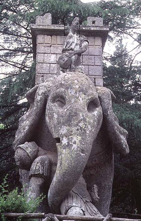 One of Hannibal's elephants, stone sculpture in the Parco dei Mostri (Monster Park) gardens laid out od to designs sy Giacomo Barozzi da Vignola the Duke of Orsini
