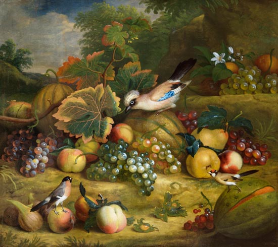 Fruit still life with jay and finches in a landscape. od Tobias Stranover