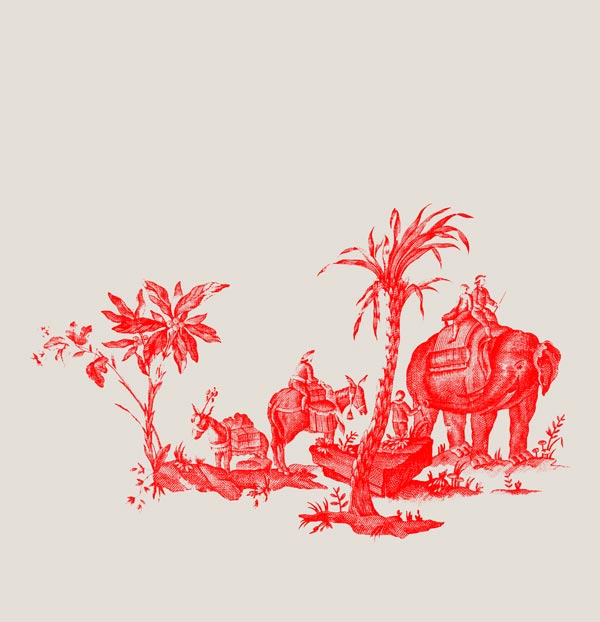 Wandflies Elefant-Motiv in Rot od Toile-de-Jouy -Tapeten
