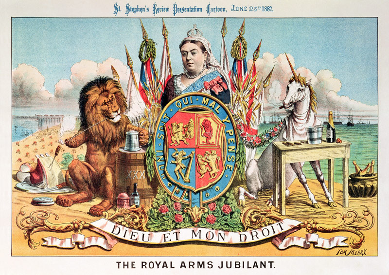 The Royal Arms Jubilant, from 'St. Stephen's Review Presentation Cartoon', 25 June 1887 (colour lith od Tom Merry