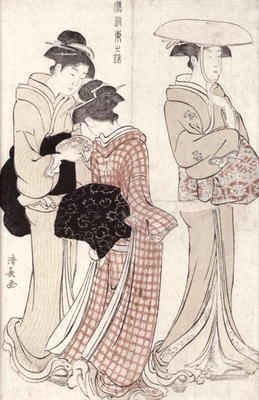 Young woman wearing a wide straw hat, followed by a servant and a companion carrying a 'furoshiki', od Torii Kiyonaga