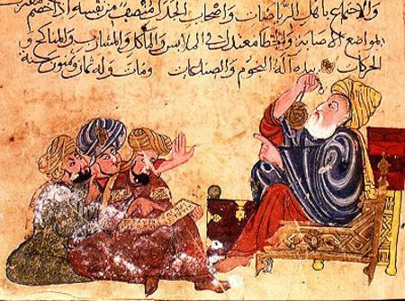 Aristotle teaching. illustration from 'The Better Sentences and Most Precious Dictions' by Al-Moubba od Turkish School