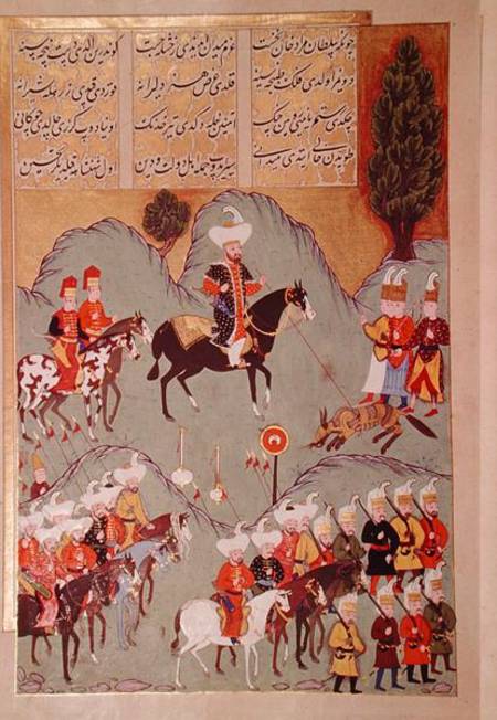 Sultan Murad I (c.1326-1389) hunting a wolf, from 'Hunernama' (Mss Hazine. 1524 f.83v) od Turkish School