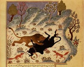 A Lion Attacking and Killing a Bull, from Rabila wa Dinma'
