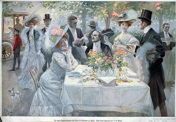 'In a restaurant in the Bois de Boulogne in Paris', late 19th century (colour litho) od U de Parns