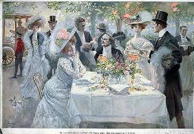 'In a restaurant in the Bois de Boulogne in Paris', late 19th century (colour litho)