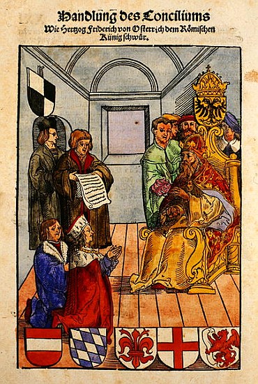 Frederick IV, Duke of Austria, declaring his fealty to the Emperor at the Council of Constance, from od Ulrich von Richental