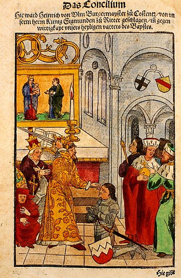 Henry of Ulm is awarded his knighthood the Emperor at the Council of Constance, from ''Chronik des K od Ulrich von Richental