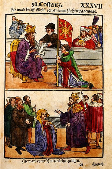 Sigismund raises Count Adolph of Cleves to the rank of Duke at the Council of Constance, from ''Chro od Ulrich von Richental