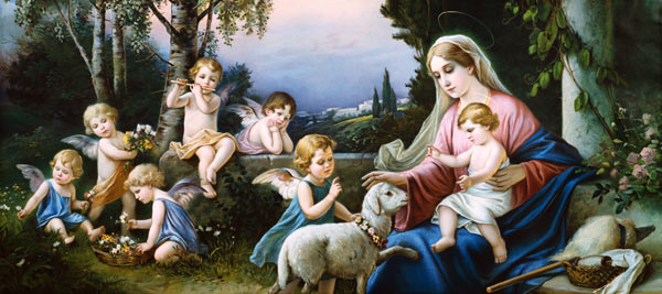 Mary with the Child, Sheep and Puttoi in an idealized Landscape od (um 1900) Anonym