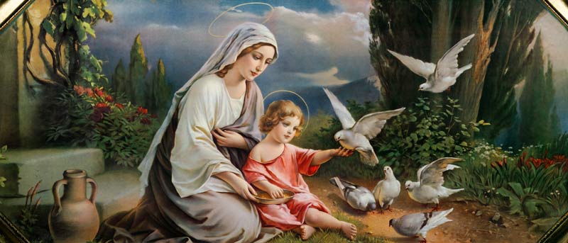 Mary and the Child playing with pigeons in an idealized  Landscape od (um 1900) Anonym
