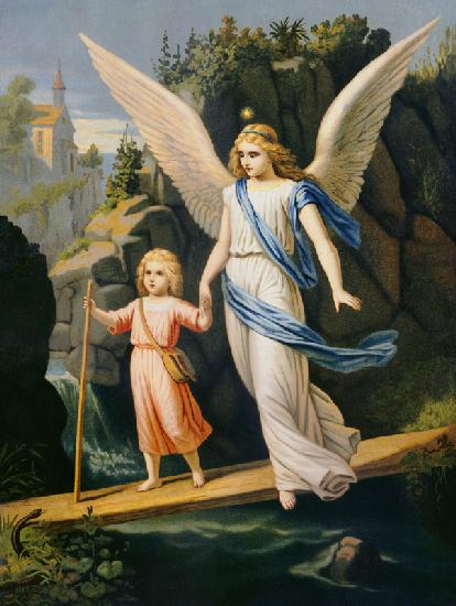 Guardian Angel escorts a Child over a Bridge