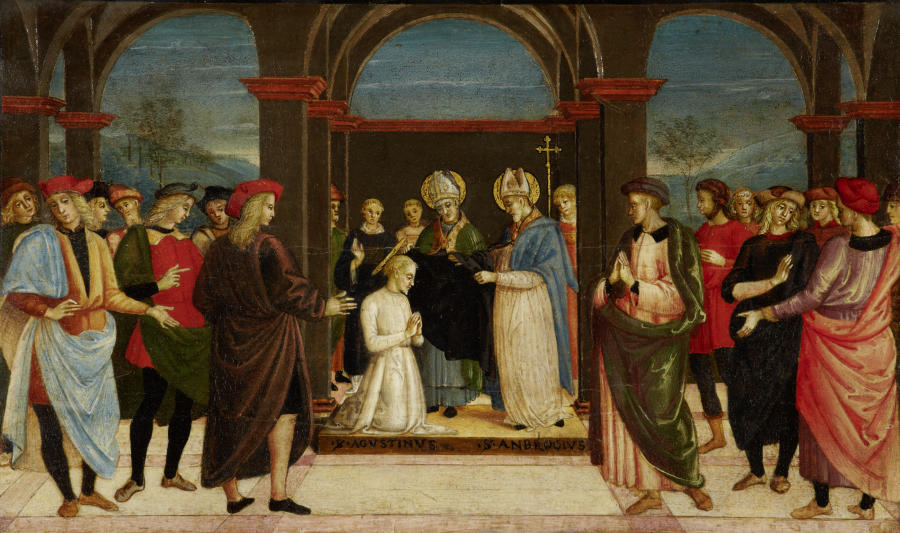Saint Ambrose vesting Saint Augustine od Umbrischer Meister um 1500