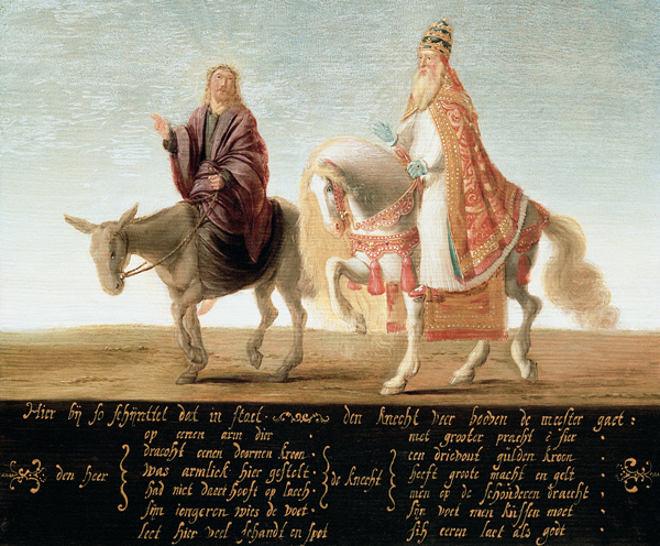 Christ on a donkey, the pope on horseback od Unbekannter Künstler
