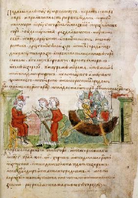 Askold and Dir asked by Rurik for a permission to go to Constantinople (from the Radziwill Chronicle