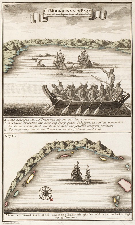 View of the bay with Maori on the coast of New Zealand. The voyage of Abel Tasman in 1642 od Unbekannter Künstler