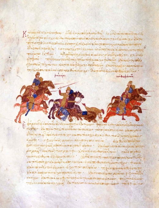 Pursuit of Sviatoslav's warriors by the Byzantine army (Miniature from the Madrid Skylitzes) od Unbekannter Künstler