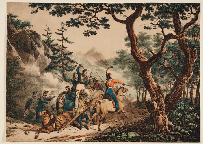 Cossacks attacking French soldiers in a forest od Unbekannter Künstler
